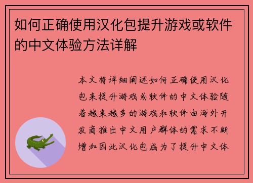 如何正确使用汉化包提升游戏或软件的中文体验方法详解