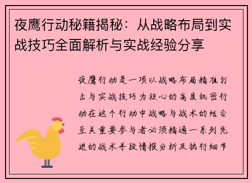 夜鹰行动秘籍揭秘：从战略布局到实战技巧全面解析与实战经验分享